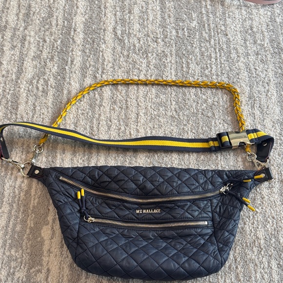 MZ Wallace Handbags - MZ Wallace Navy Quilted Crossbody Bag with Yellow Accents
